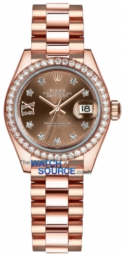 Buy this new Rolex Lady Datejust 28mm Everose Gold 279135RBR Chocolate 17 Diamond President ladies watch for the discount price of £38,500.00. UK Retailer.