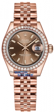 Buy this new Rolex Lady Datejust 28mm Everose Gold 279135RBR Chocolate Index Jubilee ladies watch for the discount price of £35,000.00. UK Retailer.