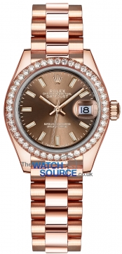 Buy this new Rolex Lady Datejust 28mm Everose Gold 279135RBR Chocolate Index President ladies watch for the discount price of £36,100.00. UK Retailer.