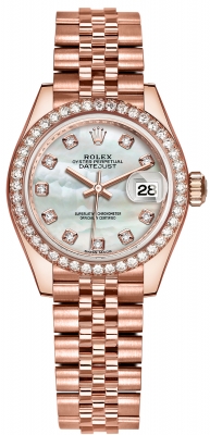 Buy this new Rolex Lady Datejust 28mm Everose Gold 279135RBR MOP Diamond Jubilee ladies watch for the discount price of £37,400.00. UK Retailer.