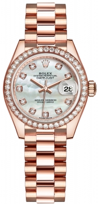 Buy this new Rolex Lady Datejust 28mm Everose Gold 279135RBR MOP Diamond President ladies watch for the discount price of £38,400.00. UK Retailer.