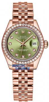 Buy this new Rolex Lady Datejust 28mm Everose Gold 279135RBR Olive Green Diamond Jubilee ladies watch for the discount price of £36,900.00. UK Retailer.