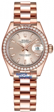 Buy this new Rolex Lady Datejust 28mm Everose Gold 279135RBR Sundust Index President ladies watch for the discount price of £36,100.00. UK Retailer.