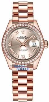 Buy this new Rolex Lady Datejust 28mm Everose Gold 279135RBR Sundust Roman President ladies watch for the discount price of £36,100.00. UK Retailer.