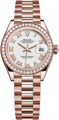 Buy this new Rolex Lady Datejust 28mm Everose Gold 279135RBR White Roman President ladies watch for the discount price of £36,150.00. UK Retailer.