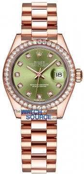 Buy this new Rolex Lady Datejust 28mm Everose Gold 279135RBR Olive Green Diamond President ladies watch for the discount price of £38,900.00. UK Retailer.