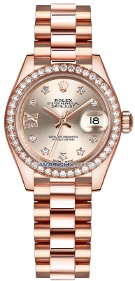Buy this new Rolex Lady Datejust 28mm Everose Gold 279135RBR Sundust 17 Diamond President ladies watch for the discount price of £38,500.00. UK Retailer.