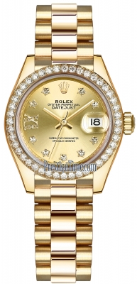 Buy this new Rolex Lady Datejust 28mm Yellow Gold 279138RBR Champagne 17 Diamond President ladies watch for the discount price of £36,800.00. UK Retailer.