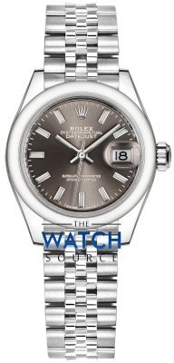 Buy this new Rolex Lady Datejust 28mm Stainless Steel 279160 Dark Grey Index Jubilee ladies watch for the discount price of £7,600.00. UK Retailer.