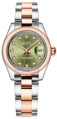 Buy this new Rolex Lady Datejust 28mm Stainless Steel and Everose Gold 279161 Olive Green Diamond Oyster ladies watch for the discount price of £11,900.00. UK Retailer.