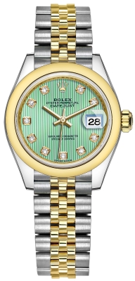 Buy this new Rolex Lady Datejust 28mm Stainless Steel and Yellow Gold 279163 Mint Green Diamond Jubilee ladies watch for the discount price of £11,092.00. UK Retailer.
