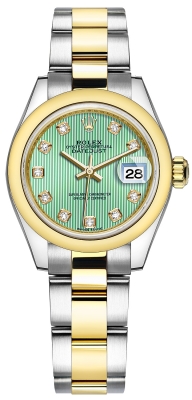 Buy this new Rolex Lady Datejust 28mm Stainless Steel and Yellow Gold 279163 Mint Green Diamond Oyster ladies watch for the discount price of £10,502.00. UK Retailer.