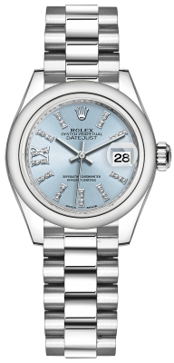 Buy this new Rolex Lady Datejust 28mm Platinum 279166 Ice Blue 44 Diamond President ladies watch for the discount price of £46,100.00. UK Retailer.