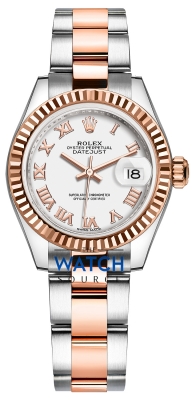 Buy this new Rolex Lady Datejust 28mm Stainless Steel and Everose Gold 279171 White Roman Oyster ladies watch for the discount price of £10,050.00. UK Retailer.