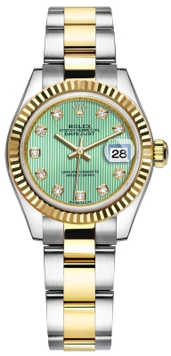 Buy this new Rolex Lady Datejust 28mm Stainless Steel and Yellow Gold 279173 Mint Green Diamond Oyster ladies watch for the discount price of £10,620.00. UK Retailer.