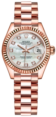 Buy this new Rolex Lady Datejust 28mm Everose Gold 279175 MOP Diamond President ladies watch for the discount price of £30,100.00. UK Retailer.
