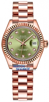 Buy this new Rolex Lady Datejust 28mm Everose Gold 279175 Olive Green Diamond President ladies watch for the discount price of £30,100.00. UK Retailer.