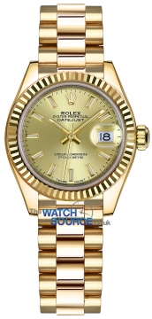 Buy this new Rolex Lady Datejust 28mm Yellow Gold 279178 Champagne Index President ladies watch for the discount price of £27,300.00. UK Retailer.