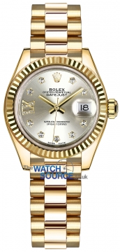 Buy this new Rolex Lady Datejust 28mm Yellow Gold 279178 Silver 17 Diamond President ladies watch for the discount price of £29,900.00. UK Retailer.