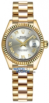 Buy this new Rolex Lady Datejust 28mm Yellow Gold 279178 Silver Roman President ladies watch for the discount price of £27,300.00. UK Retailer.