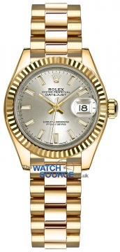 Buy this new Rolex Lady Datejust 28mm Yellow Gold 279178 Silver Index President ladies watch for the discount price of £27,300.00. UK Retailer.