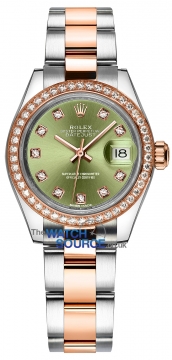 Buy this new Rolex Lady Datejust 28mm Stainless Steel and Everose Gold 279381RBR Olive Green Diamond Oyster ladies watch for the discount price of £17,200.00. UK Retailer.