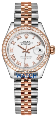 Buy this new Rolex Lady Datejust 28mm Stainless Steel and Everose Gold 279381RBR White Roman Jubilee ladies watch for the discount price of £15,900.00. UK Retailer.