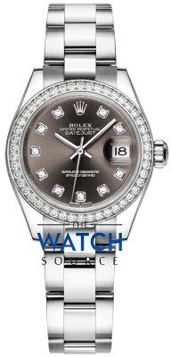 Buy this new Rolex Lady Datejust 28mm Stainless Steel 279384RBR Dark Grey Diamond Oyster ladies watch for the discount price of £16,500.00. UK Retailer.