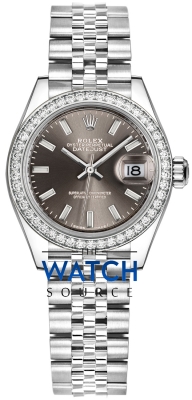 Buy this new Rolex Lady Datejust 28mm Stainless Steel 279384RBR Dark Grey Index Jubilee ladies watch for the discount price of £14,300.00. UK Retailer.