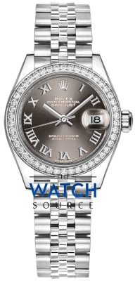 Buy this new Rolex Lady Datejust 28mm Stainless Steel 279384RBR Dark Grey Roman Jubilee ladies watch for the discount price of £14,300.00. UK Retailer.