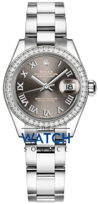 Buy this new Rolex Lady Datejust 28mm Stainless Steel 279384RBR Dark Grey Roman Oyster ladies watch for the discount price of £14,450.00. UK Retailer.