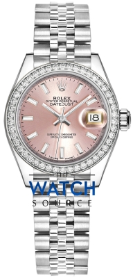 Buy this new Rolex Lady Datejust 28mm Stainless Steel 279384RBR Pink Index Jubilee ladies watch for the discount price of £14,300.00. UK Retailer.