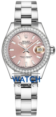 Buy this new Rolex Lady Datejust 28mm Stainless Steel 279384RBR Pink Index Oyster ladies watch for the discount price of £14,450.00. UK Retailer.