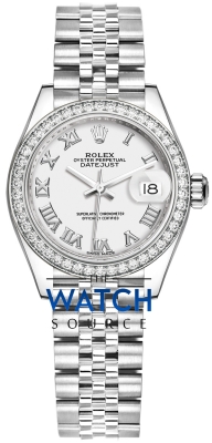 Buy this new Rolex Lady Datejust 28mm Stainless Steel 279384RBR White Roman Jubilee ladies watch for the discount price of £14,300.00. UK Retailer.