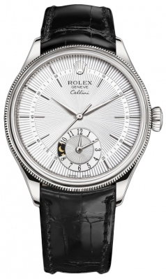 Buy this new Rolex Cellini Dual Time 39mm 50529 Silver Black Strap mens watch for the discount price of £17,850.00. UK Retailer.