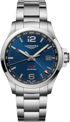 Buy this new Longines Conquest V.H.P. GMT 43mm L3.728.4.96.6 mens watch for the discount price of £952.00. UK Retailer.