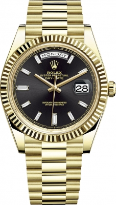 Buy this new Rolex Day-Date 40mm Yellow Gold 228238 Black Baguette mens watch for the discount price of £41,937.00. UK Retailer.