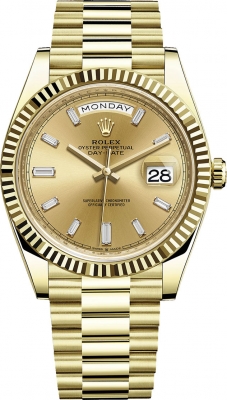 Buy this new Rolex Day-Date 40mm Yellow Gold 228238 Champagne Baguette mens watch for the discount price of £41,937.00. UK Retailer.