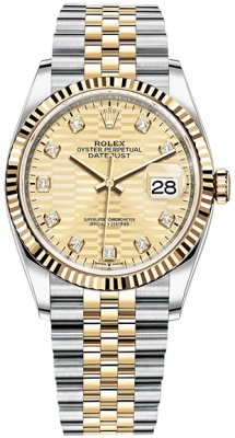 Buy this new Rolex Datejust 36mm Stainless Steel and Yellow Gold 126233 Golden Fluted Diamond Jubilee ladies watch for the discount price of £16,100.00. UK Retailer.
