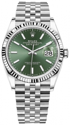 Buy this new Rolex Datejust 36mm Stainless Steel 126234 Mint Green Index Jubilee midsize watch for the discount price of £10,500.00. UK Retailer.