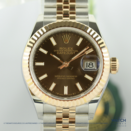 Pre-owned Rolex Datejust 28mm Stainless Steel and Everose Gold 279171 Chocolate Index Jubilee